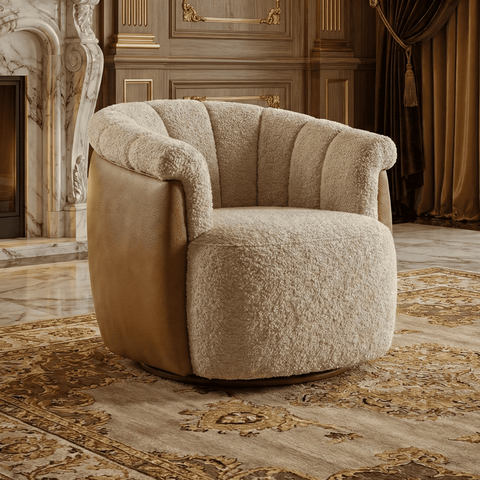 Poltrona Decorativa Giratória Luxuosa Confortável Montada Bouclé Bege Courino Caramelo P/ Sala Hall