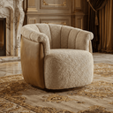 Ver imagem 1 de Poltrona Decorativa Giratória Luxuosa Confortável Montada Bouclé Bege Courino Caramelo P/ Sala Hall