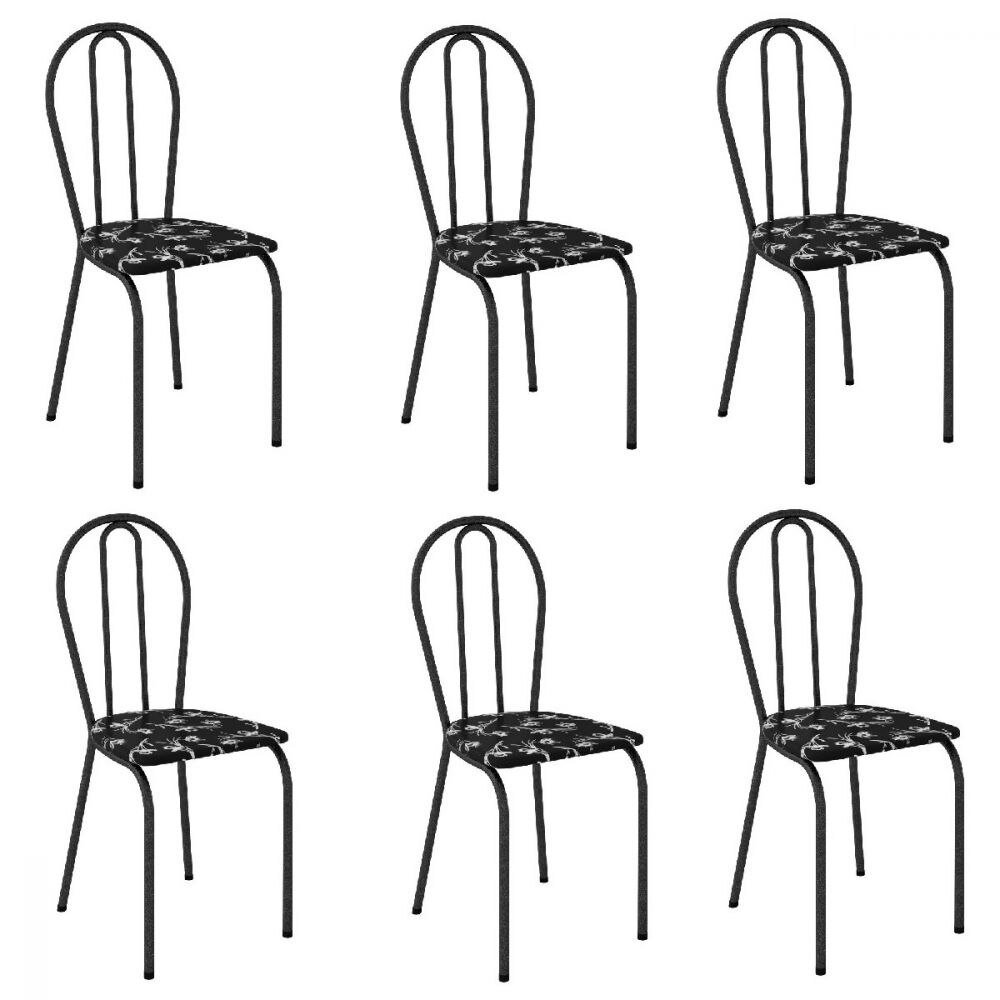 Conjunto de Cadeiras 004 - Kit 6 Cadeiras de Aço Preto Cromo e Assento Preto Florido - OG Móveis - 1
