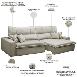 Sofá Retrátil Reclinável para Sala 3 Lugares 210cm Aisha F04 Veludo Bege - Lyam Decor - 3