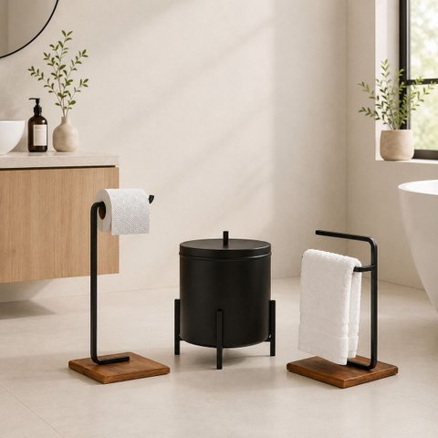Kit Acessórios para Banheiro Lixeira Suporte Papel Higiênico e Porta Toalha Duplo Base de Madeira