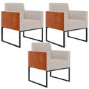 Ver imagem 1 de Kit 3 Poltronas Decorativas Sala Base Fixa Metal Helô L02 Linho Bege Couríssimo Camel - Lyam