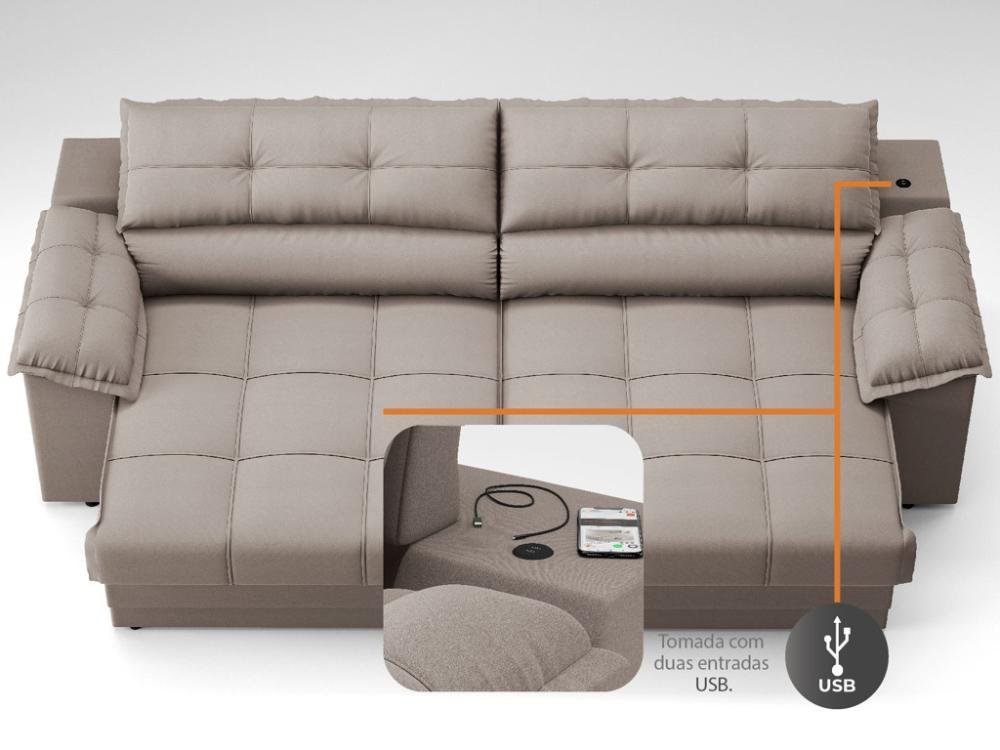 Sofá com Carregador Usb e Molas no Assento Retrátil Reclinável Mimo 2,30m Velosuede Bege - Netsofas - 6