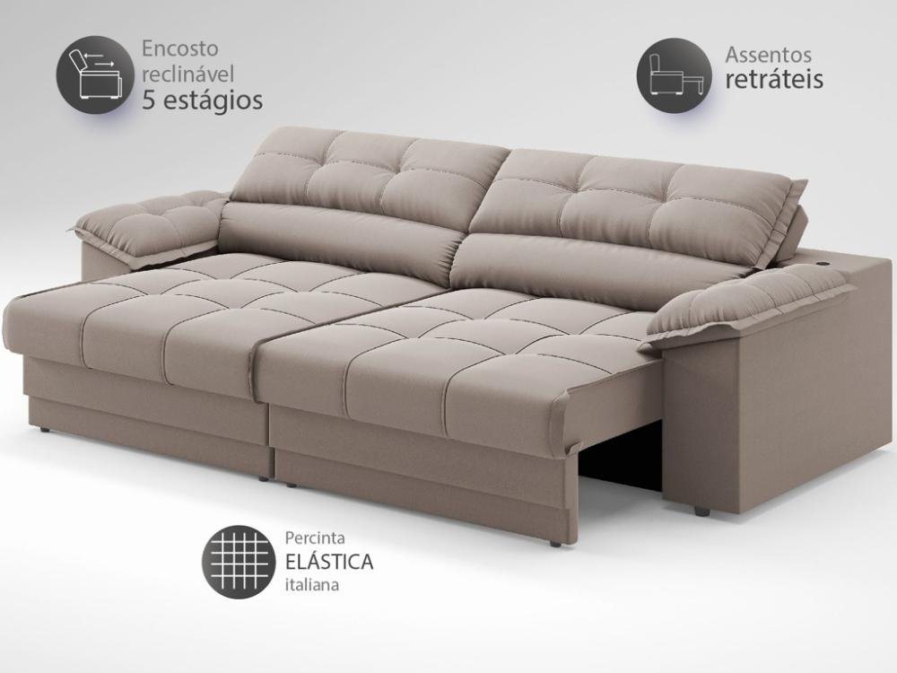 Sofá com Carregador Usb e Molas no Assento Retrátil Reclinável Mimo 2,30m Velosuede Bege - Netsofas - 4