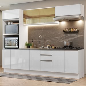 Cozinha Completa 100% MDF Madesa Acordes 270007 com Armário e Balcão Frentes Branco Brilho Cor:Branc