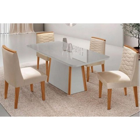 Sala de Jantar Completa Tilia C/ Tampo Madeirado C/ Vidro Canto Curvo 120x80cm e 4 Cadeiras Maldivas