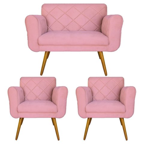 Kit Namoradeira e 2 Poltrona Decorativa Sala Comercial Isabella Suede Rosa - LM DECOR