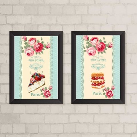 Kit 2 Quadros Decorativos Bolos Patisserie 33x24cm:madeira Preta