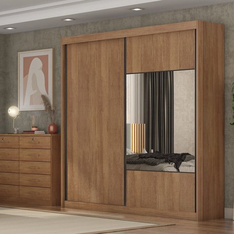 Guarda Roupa Casal 2 Portas 4 Gavetas 100% MDF com Espelho Trieste Marrom/Cumaru