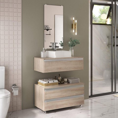 Conjunto de Gabinete Banheiro Creta 80cm (gabinete+cuba+espelheira) Madeirado Inteiro