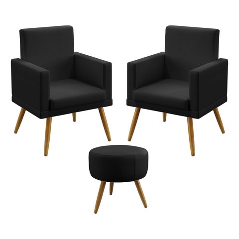 Kit 2 Poltronas Decorativas Estofadas Vega Rodapé com Puff Solar para Sala de Estar Couro Artificial