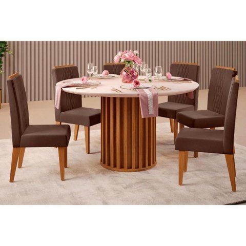 Conjunto: Mesa Sala Jantar Viena Tampo Madeirado C/ Vidro 136cm e 6 Cadeiras Lia Freijo/off White -