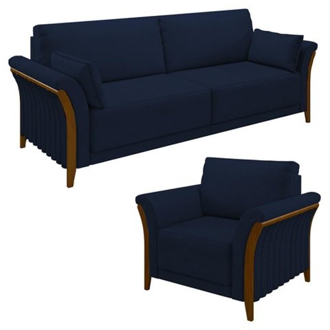 Kit Sofá Living 3 Lugares e Poltrona 102cm Pés Madeira Roya M22 Veludo Azul Marinho - Mpozenato