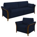 Ver imagem 1 de Kit Sofá Living 3 Lugares e Poltrona 102cm Pés Madeira Roya M22 Veludo Azul Marinho - Mpozenato