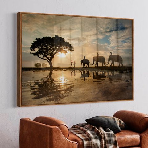 Quadro Decorativo Elefante e a Paisagem em Moldura Caixa Tacolado Moldura Trad 1cm Madeira Escura Co