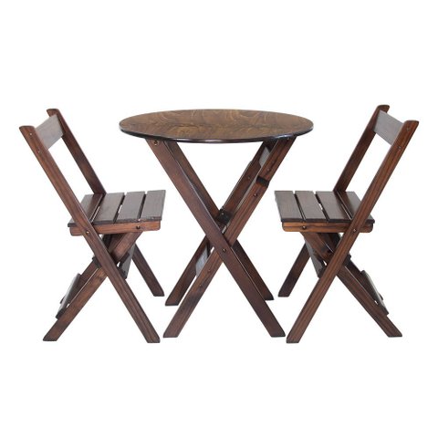 Mesa Redonda Madeira 68cm Diametro Dobravel com 2 Cadeiras Imbuia / Liso