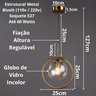 Lustre Pendente Circular 25cm Dourado Globo Vidro 15cm Luminária Teto Gimpo Kjdd-e-205-gold - 6