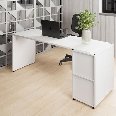 Mesa Escrivaninha 170cm x 60cm e Armário 2 Portas MDF-MDP Branco F5 Office