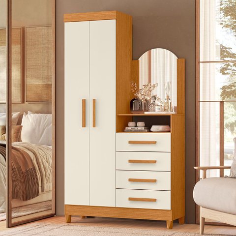 Cômoda Roupeiro para Quarto 2 Portas 4 Gavetas com Espelho Alba A04 Cinamomo Off White - Lyam Decor