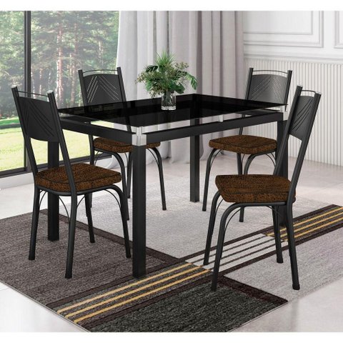 Conjunto Mesa de Jantar Malva Base 4118 com 4 Cadeiras 151 Tampo Vidro 107cm Sf Preto Combo Stock