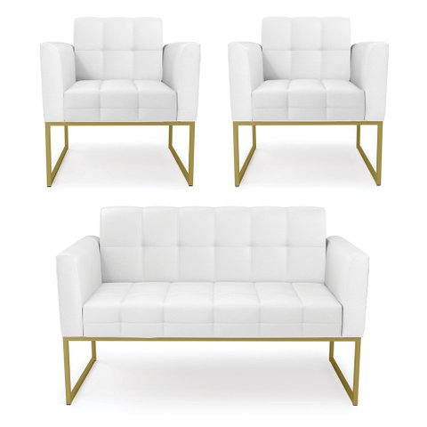 Kit 1 Sofá Namoradeira e 2 Poltronas Elisa Corino Branco Base Metálica Industrial Dourado - D'Rossi