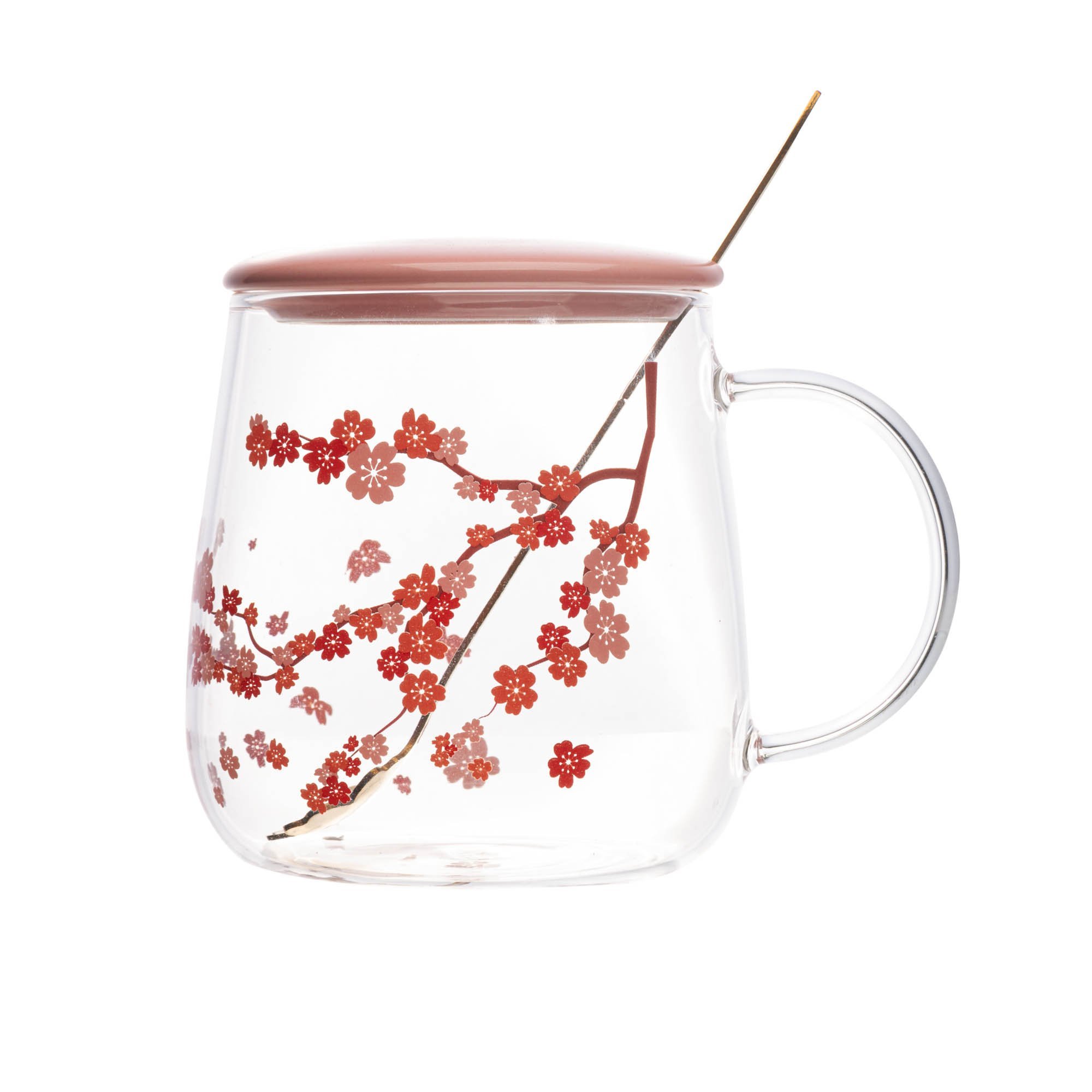 Caneca de Vidro Borossilicato com Tampa e Colher Sakura Rosa - 6