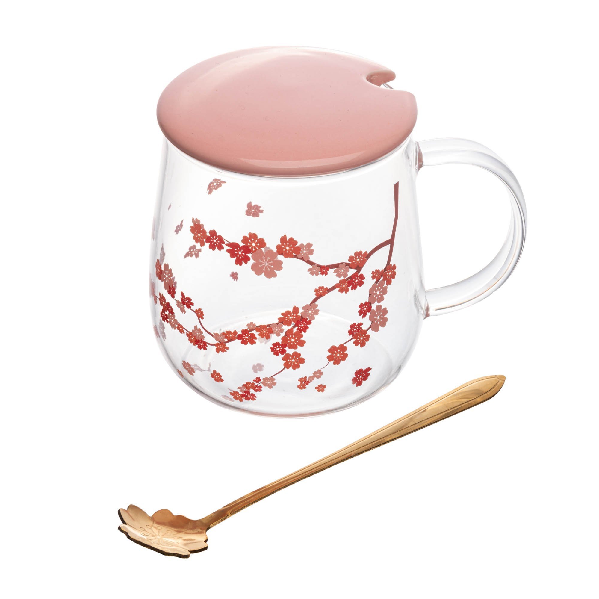 Caneca de Vidro Borossilicato com Tampa e Colher Sakura Rosa