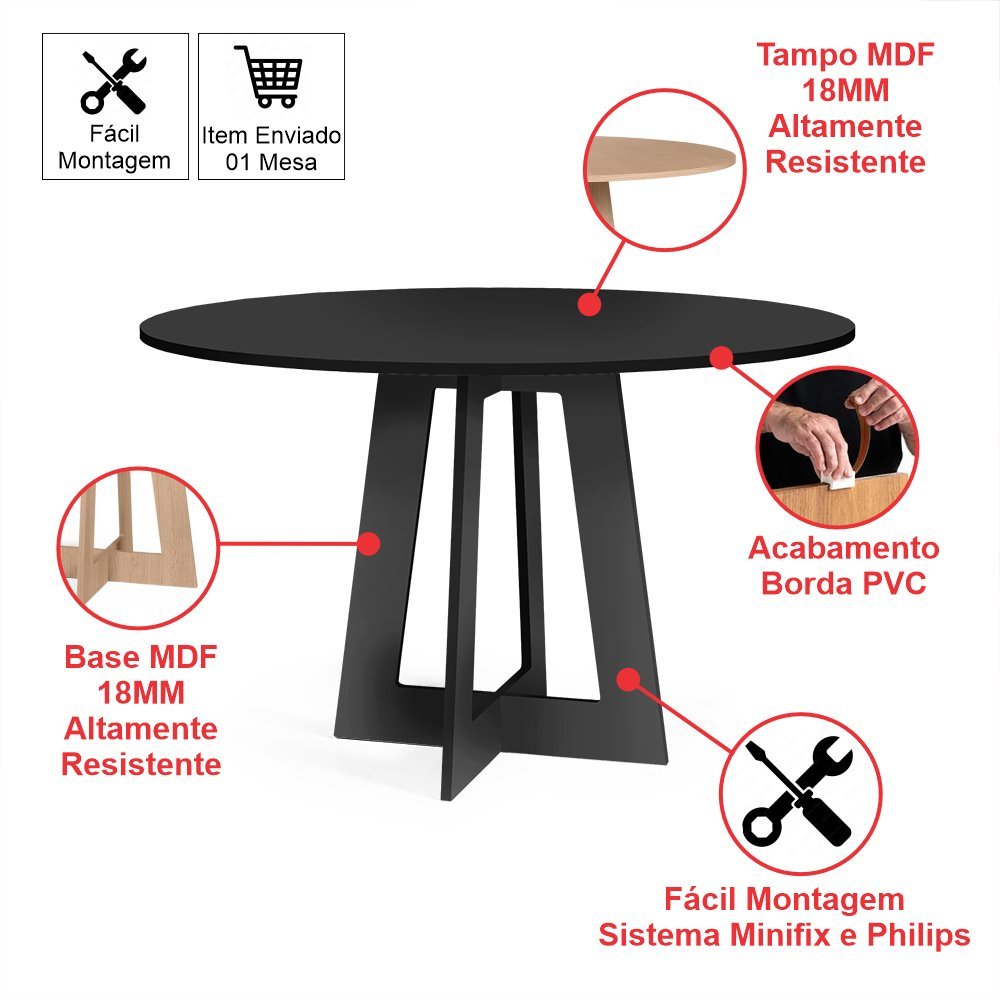 Mesa de Jantar Redonda 6 Lugares 120cm Montreal Preto - Straub Web - 2