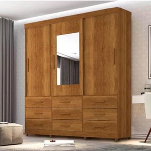 Roupeiro New Star Cinamomo 3 Portas 9 Gavetas C/ 1 Espelho Larg. 1.80m