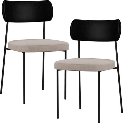 Kit 02 Cadeiras Estofadas para Sala de Jantar Melina L02 Couríssimo Preto Linho Bege - Lyam Decor