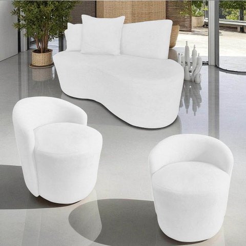 Kit Namoradeira + 2 Poltronas Yara Orgânica Couro Branco