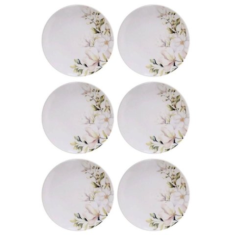 Jogo 6 Pratos de Sobremesa 21cm Tramontina Porcelana Branca Floral Magnólia