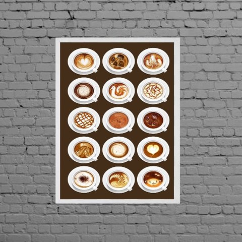 Quadro Xícaras De Café Latte Art 24x18cm - com vidro:Madeira preta