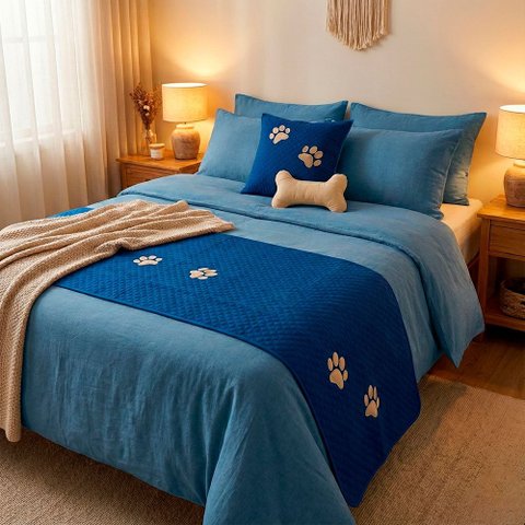 Kit 4 Pçs Peseira Cama Casal King Impermeável e Almofada Cheia para Pet: Azul
