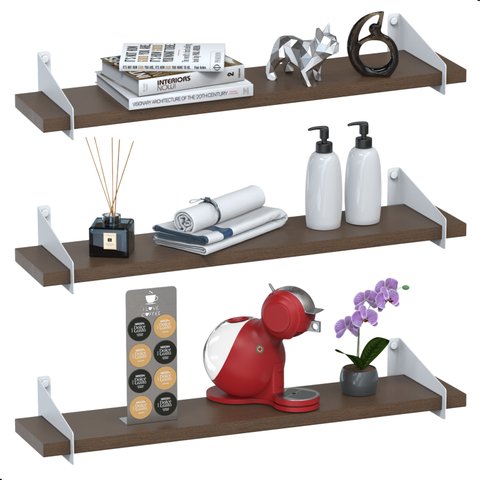 3 Prateleiras de Madeira Estilo Industrial Suspensa Max60bm