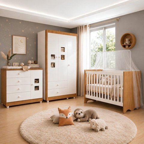 Quarto de Bebê Completo 100% MDF Linha Lua Marrom/Branco Amadeirado