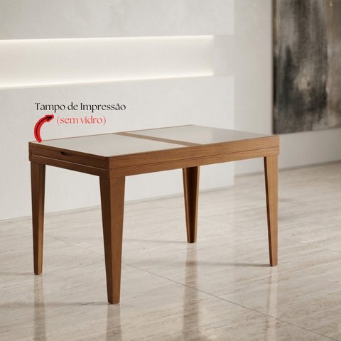 Mesa de Jantar Extensível 4 a 6 Lugares Mel Impressão Off White Pés Madeira Maciça