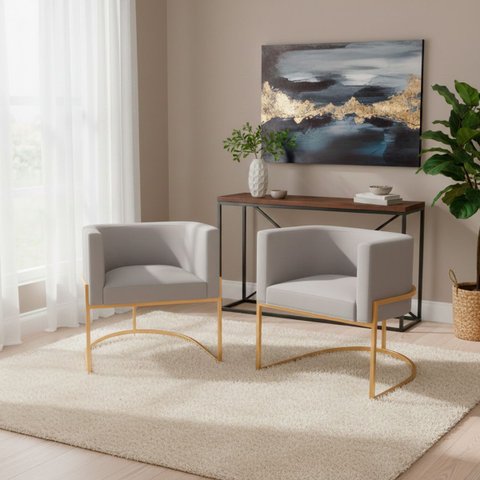 Kit 2 Poltronas Decorativas Luna Estofada Base Metálica Suede: Suede Cinza Claro