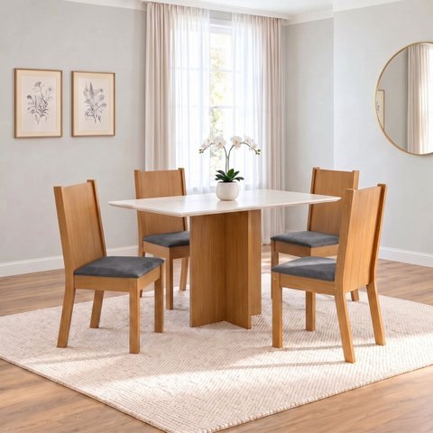 Conjunto Sala de Jantar Mesa Lana 120cm Tampo MDF Canto Reto 4 Cadeiras Tami