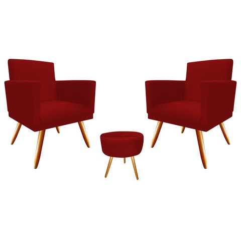 Kit 2 Poltronas Decorativa Nina + Puff Redondo Suede Vermelho Pés Madeira Mz Decor