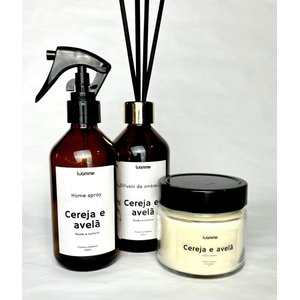 Kit Vela, Home Spray e Difusor de Ambientes Cereja e Avelã Vidro 200ml