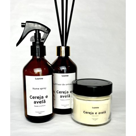 Kit Vela, Home Spray e Difusor de Ambientes Cereja e Avelã Vidro 200ml