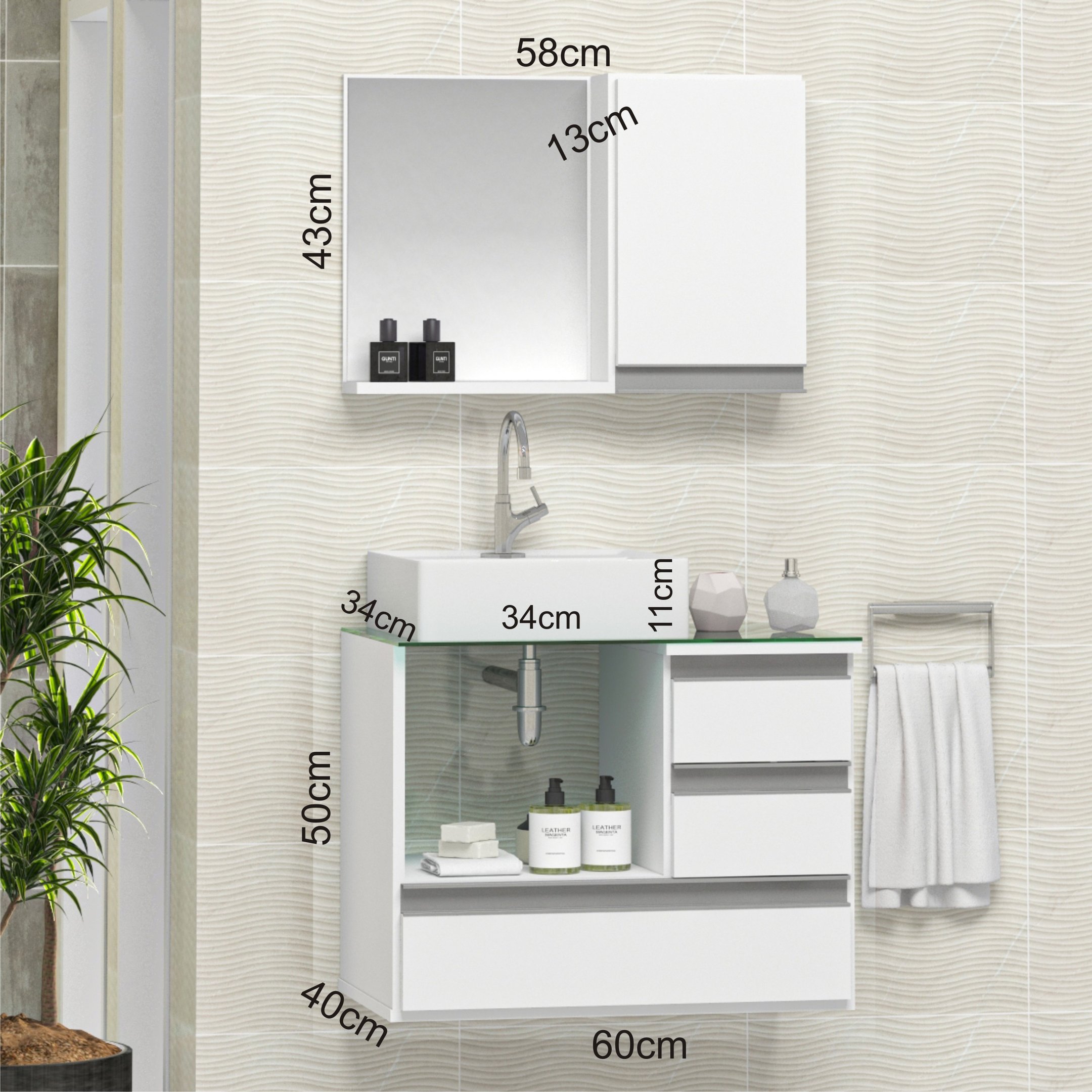 Conjunto Gabinete Banheiro POLO 60cm Branco - Gabinete + Cuba + Espelheira + Tampo Vidro - 2