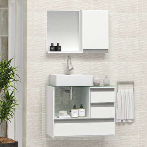 Conjunto Gabinete Banheiro POLO 60cm Branco - Gabinete + Cuba + Espelheira + Tampo Vidro