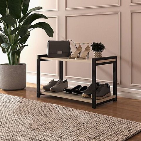 Mesa de Centro Sapateira Hall de Entrada Sala Aço Mdf Moderna Base Preta Prateleiras Off White