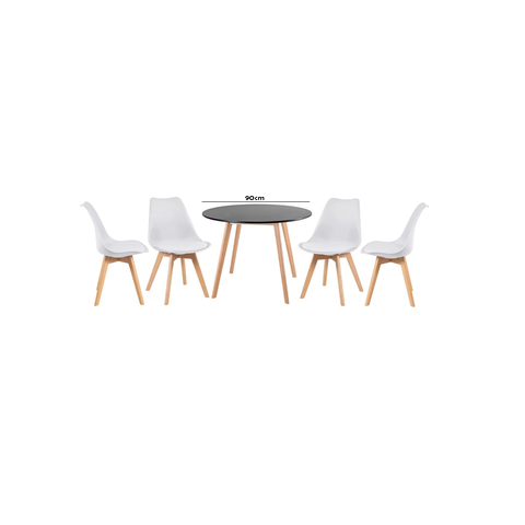 Conjunto de Jantar Mesa Leda 90cm Preta+ 4 Cadeiras Leda com almofada Branca