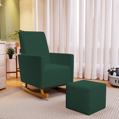 Poltrona de Amamentação com Balanço e Puff Ravena W01 Suede Verde - Lyam Decor