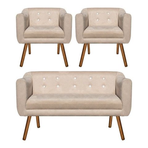 Kit Namoradeira 02 Lugares e 02 Poltronas Julia Suede Bege com Strass - D'Rossi