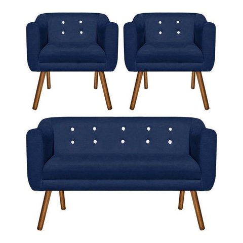 Kit Namoradeira 02 Lugares e 02 Poltronas Julia Suede Azul Marinho com Strass - D'Rossi