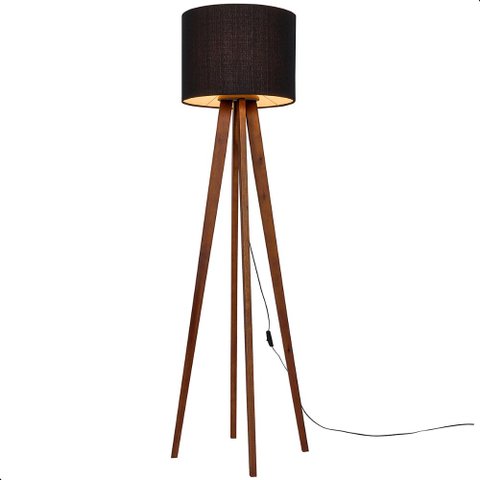 Luminária de Chão Madri com Pés de Madeira e Tecido Sapucaia Preto 158cm
